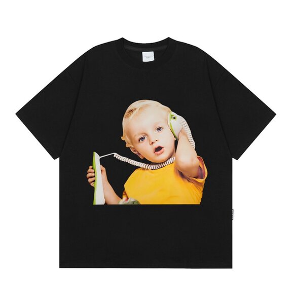 Black Short-Sleeved T-Shirt With Cute Little Boy Print Acme De La Vie - Picture 1 of 6